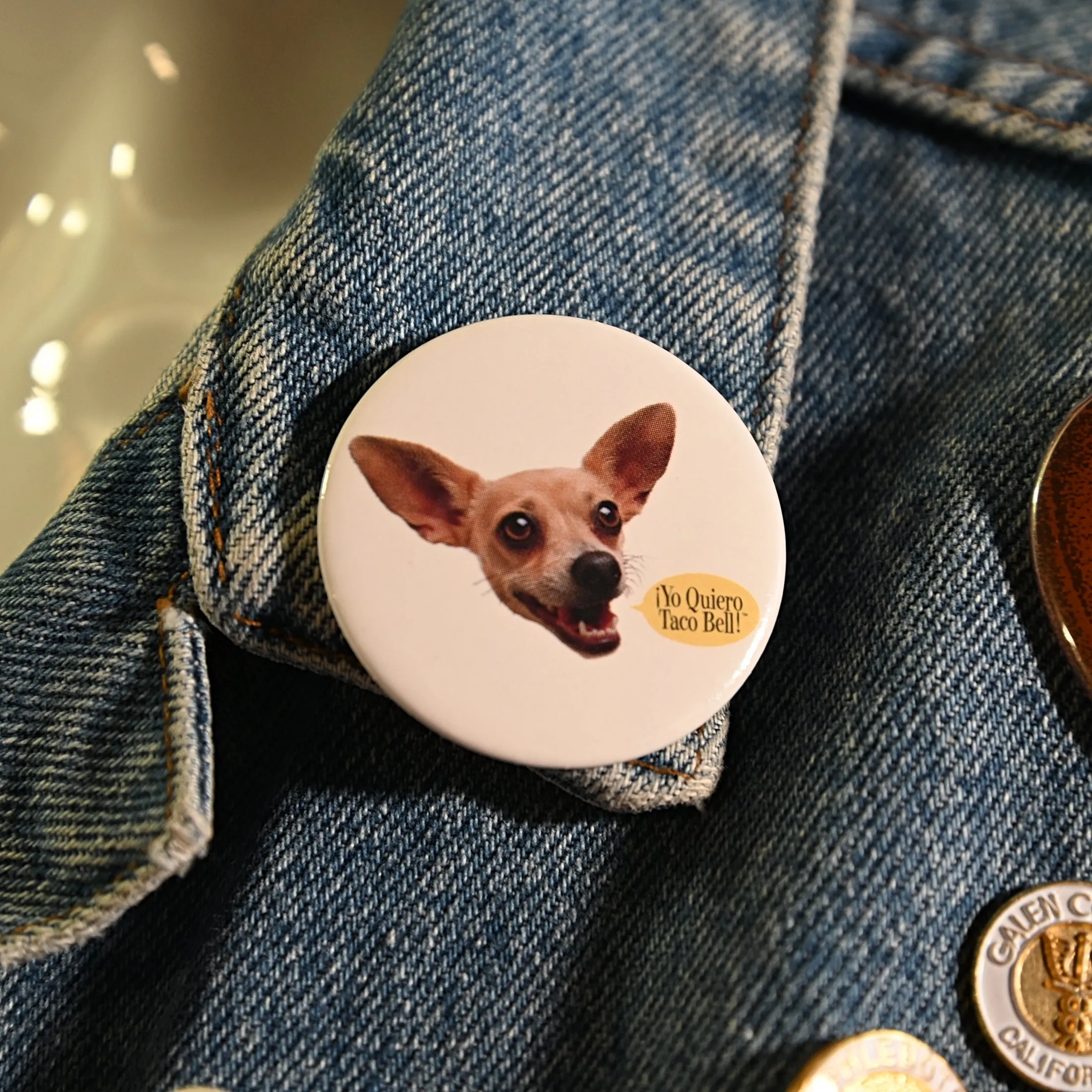 SOLD Vintage Cropped Bongo Denim Jacket, 90s Pins & Buttons, OOAK S