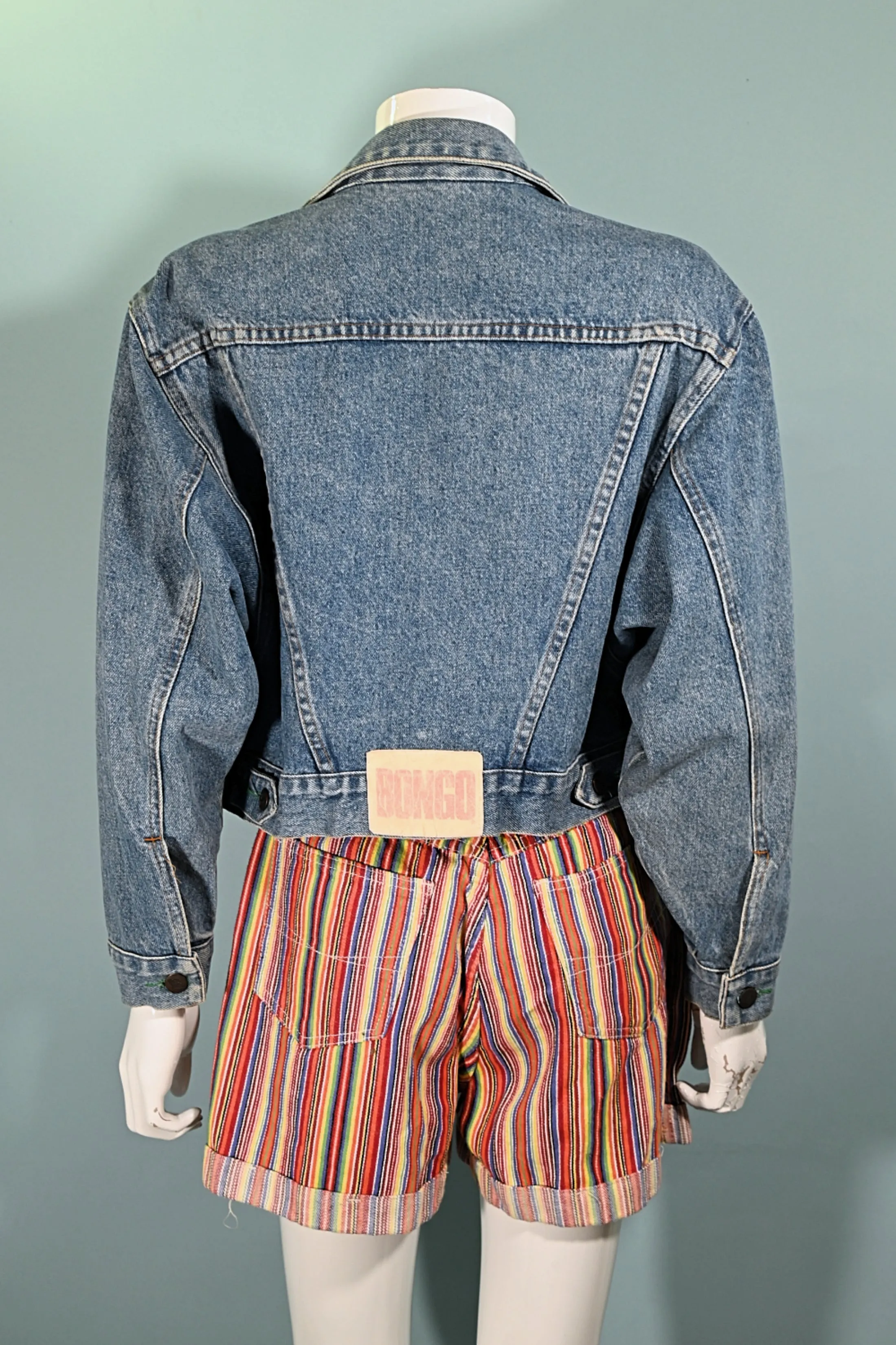 SOLD Vintage Cropped Bongo Denim Jacket, 90s Pins & Buttons, OOAK S