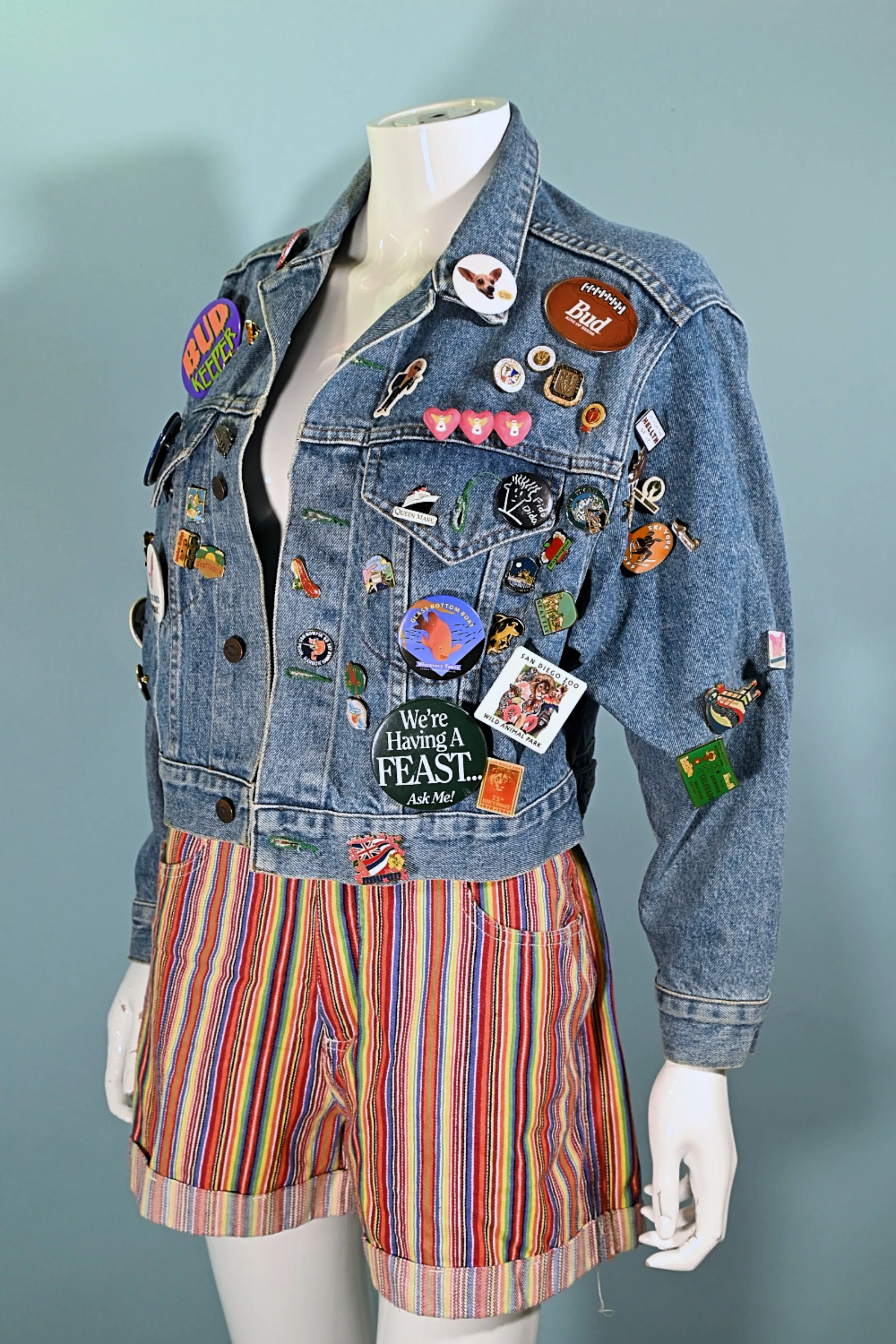 SOLD Vintage Cropped Bongo Denim Jacket, 90s Pins & Buttons, OOAK S