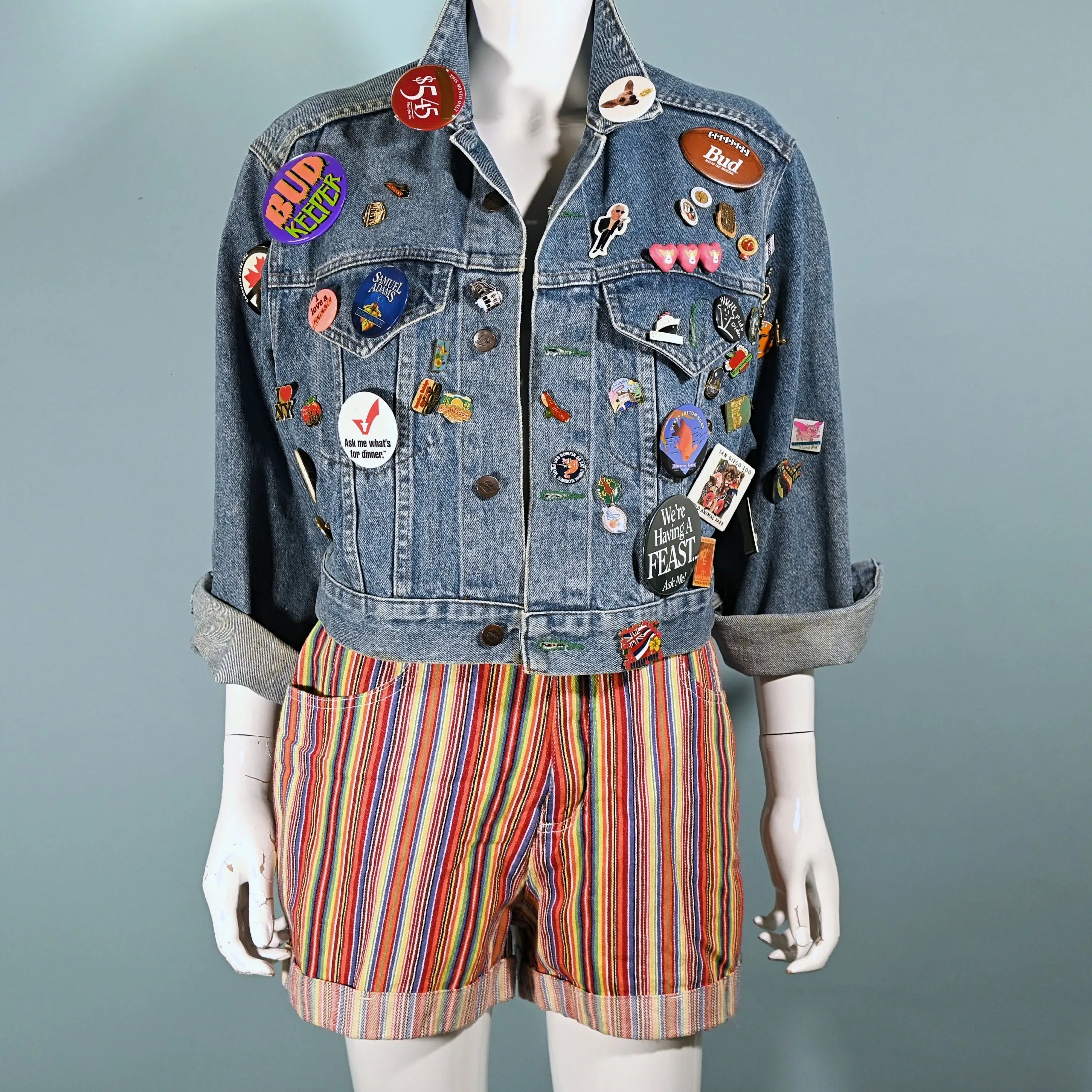 SOLD Vintage Cropped Bongo Denim Jacket, 90s Pins & Buttons, OOAK S