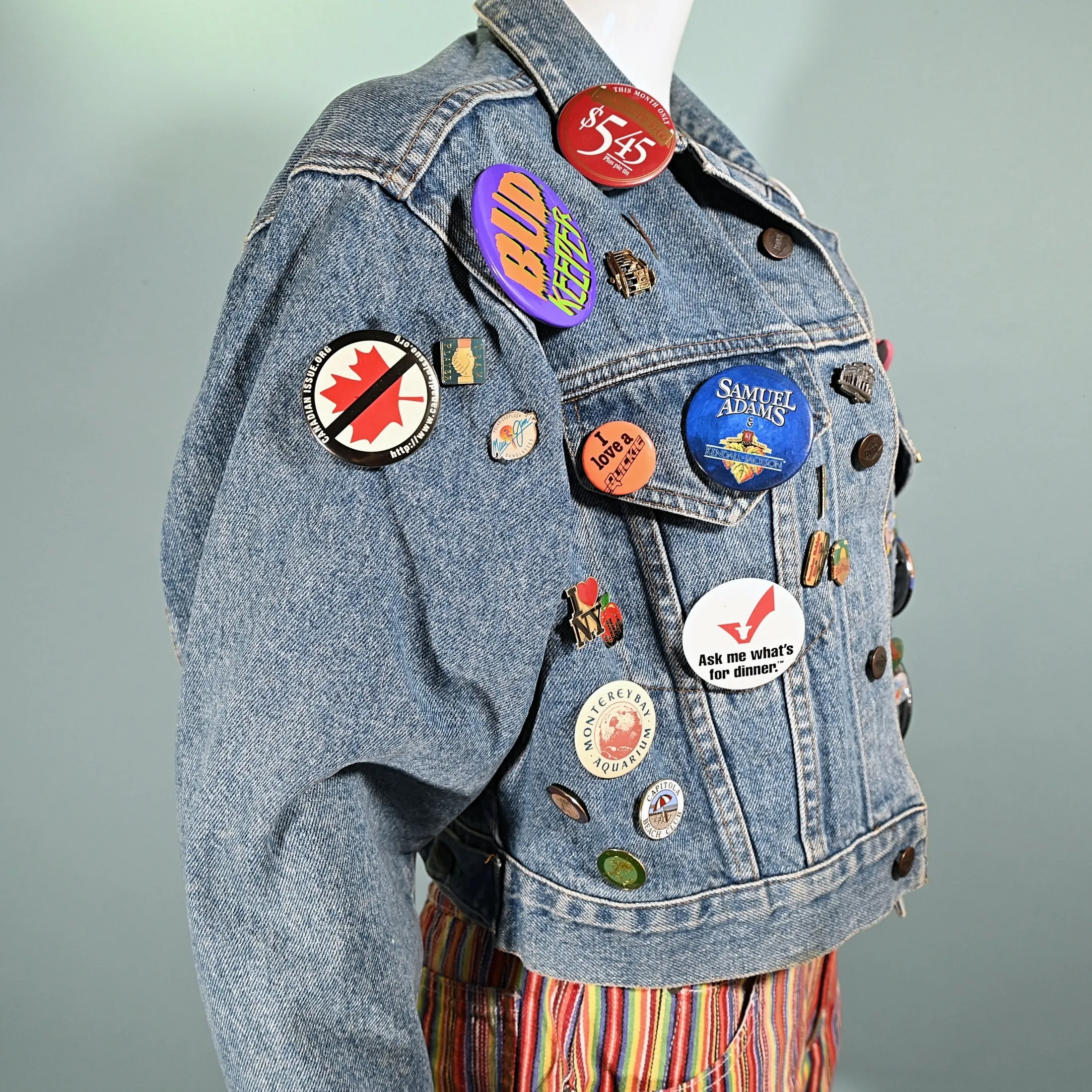 SOLD Vintage Cropped Bongo Denim Jacket, 90s Pins & Buttons, OOAK S