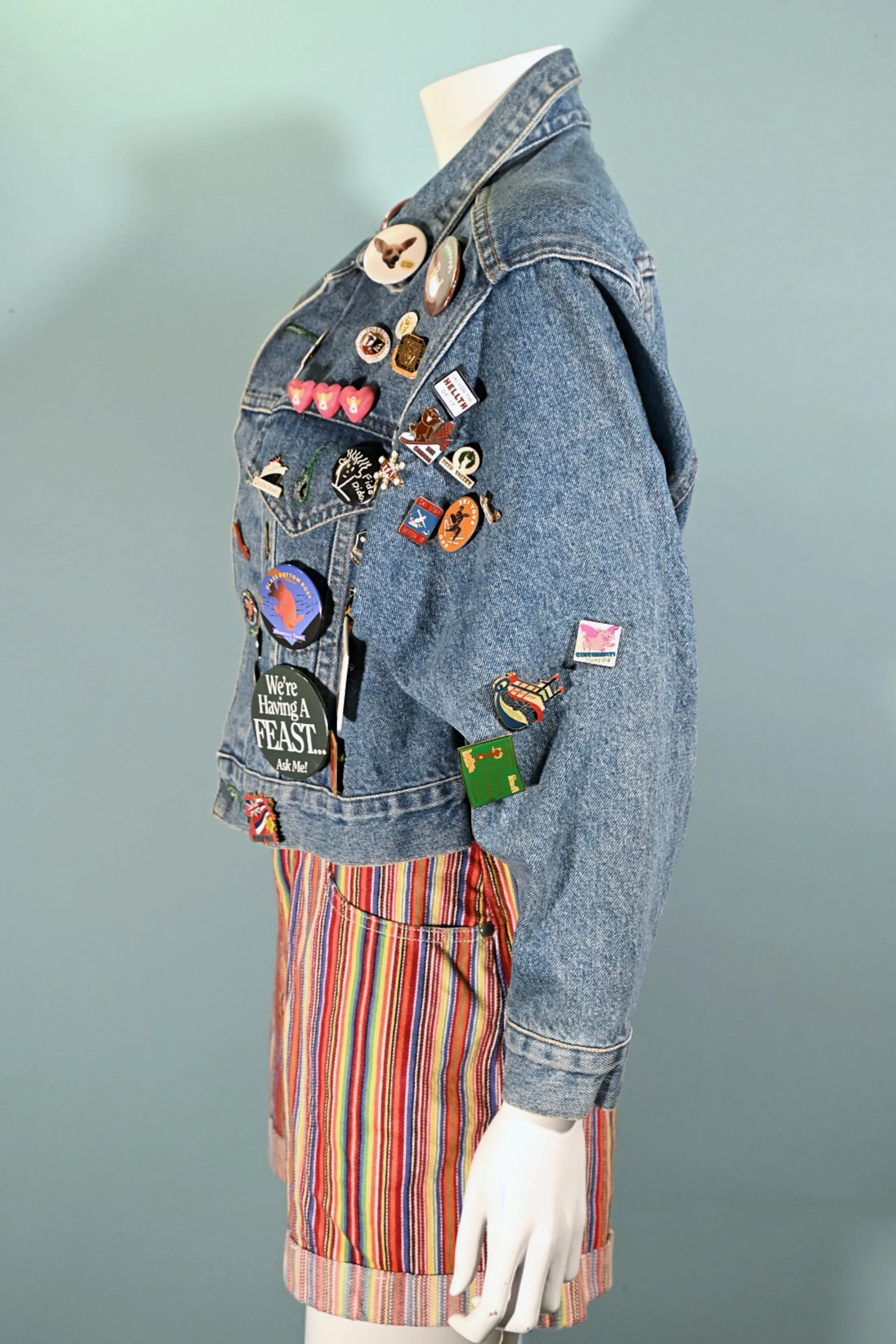 SOLD Vintage Cropped Bongo Denim Jacket, 90s Pins & Buttons, OOAK S