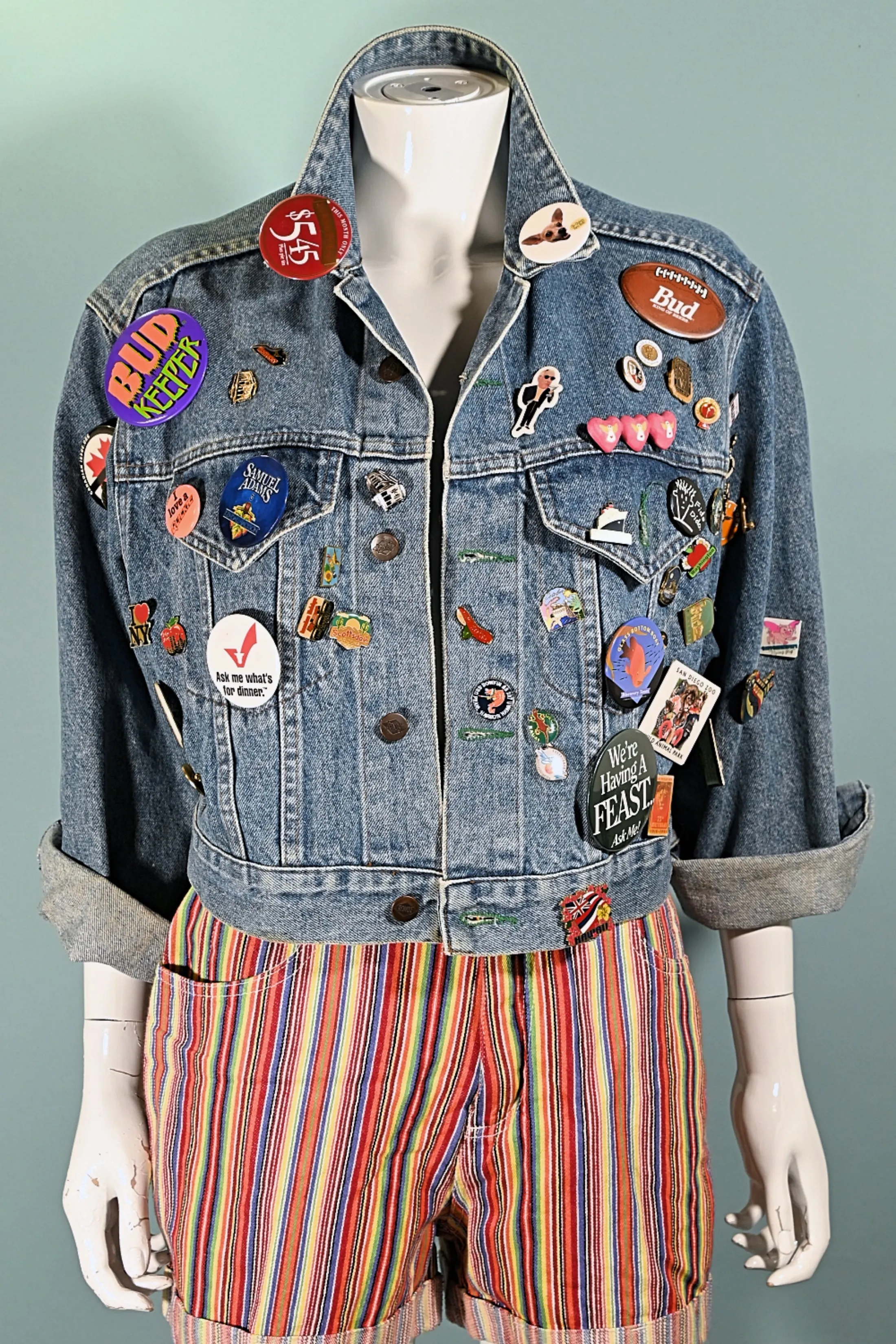 SOLD Vintage Cropped Bongo Denim Jacket, 90s Pins & Buttons, OOAK S