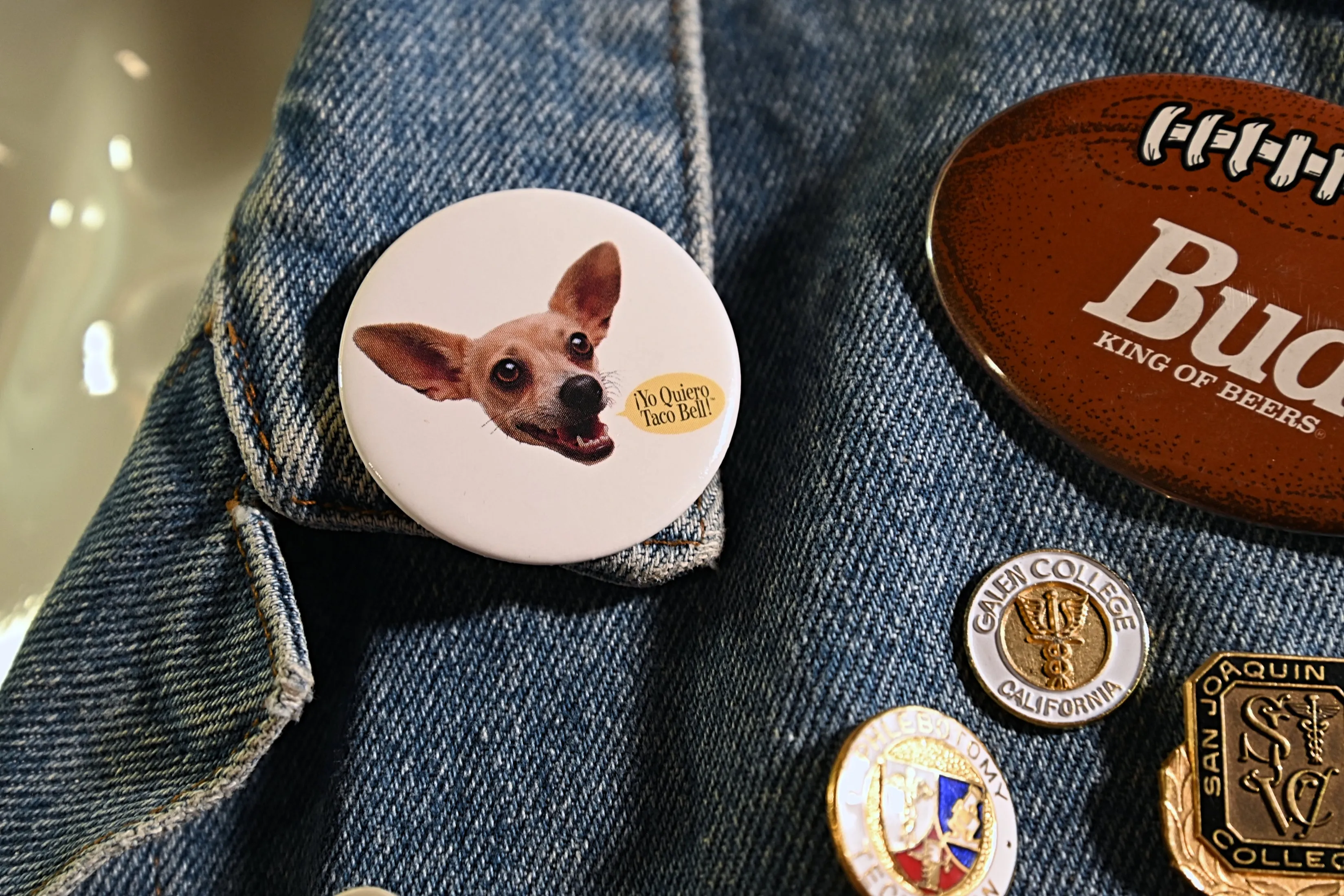 SOLD Vintage Cropped Bongo Denim Jacket, 90s Pins & Buttons, OOAK S