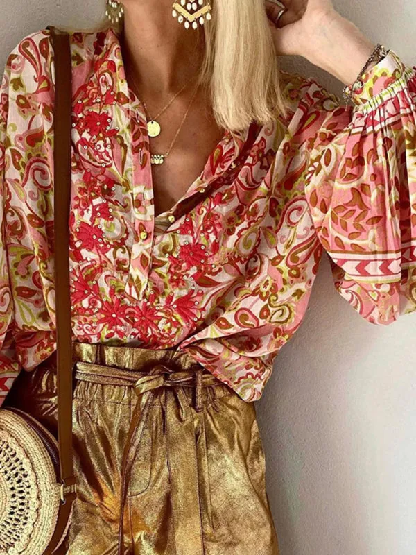 Soleil Ladies Print Fashion Casual Floral V Neck Button Down Long Sleeve Shirt