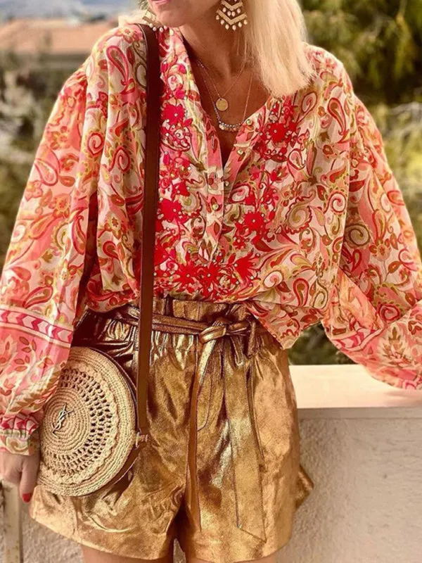 Soleil Ladies Print Fashion Casual Floral V Neck Button Down Long Sleeve Shirt