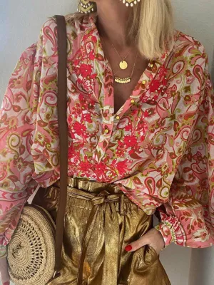 Soleil Ladies Print Fashion Casual Floral V Neck Button Down Long Sleeve Shirt