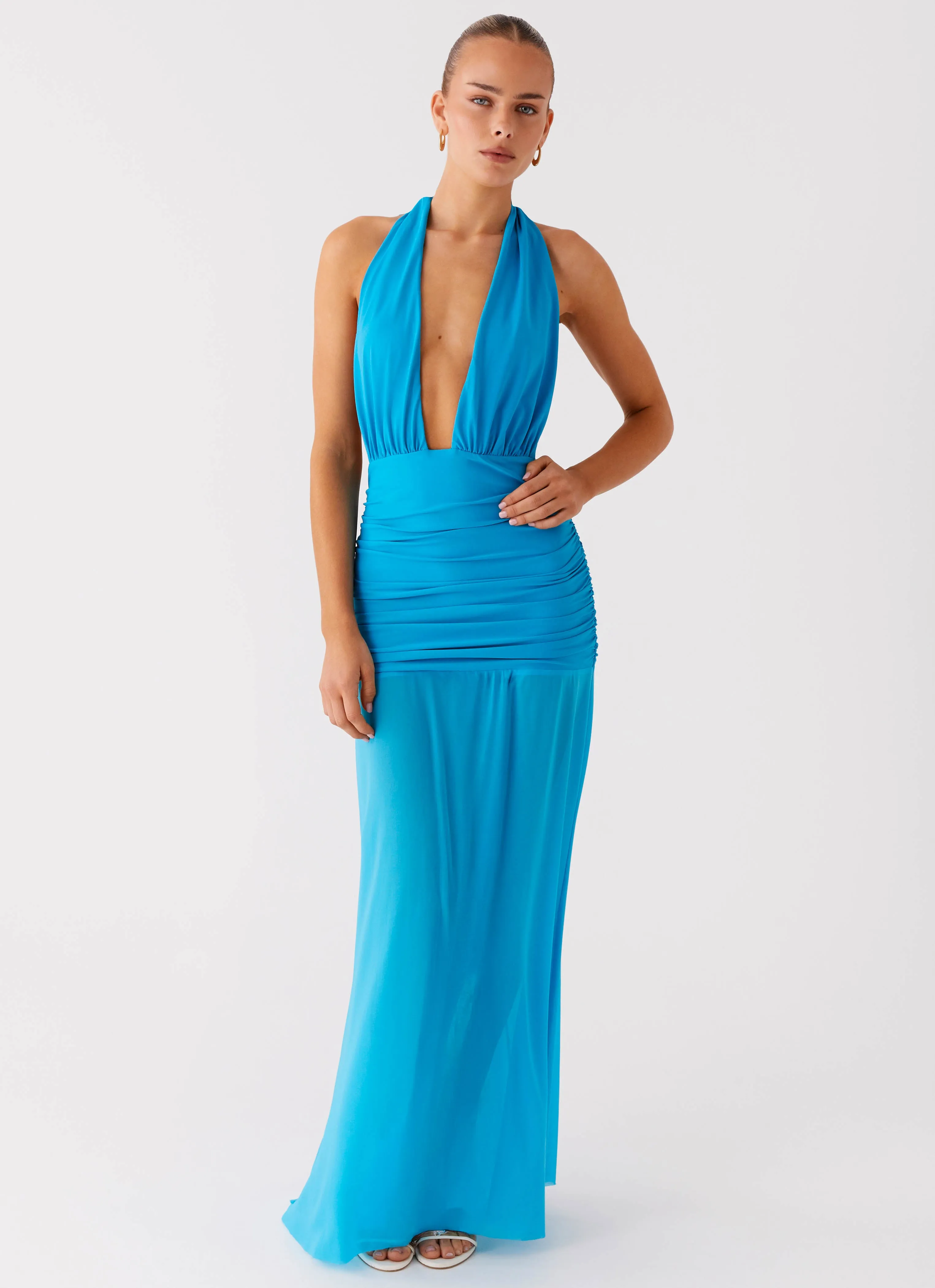 Fashionable Cut Subtle Texture Dilemma Halter Maxi Dress - Turquoise Blue