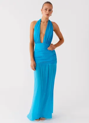 Fashionable Cut Subtle Texture Dilemma Halter Maxi Dress - Turquoise Blue