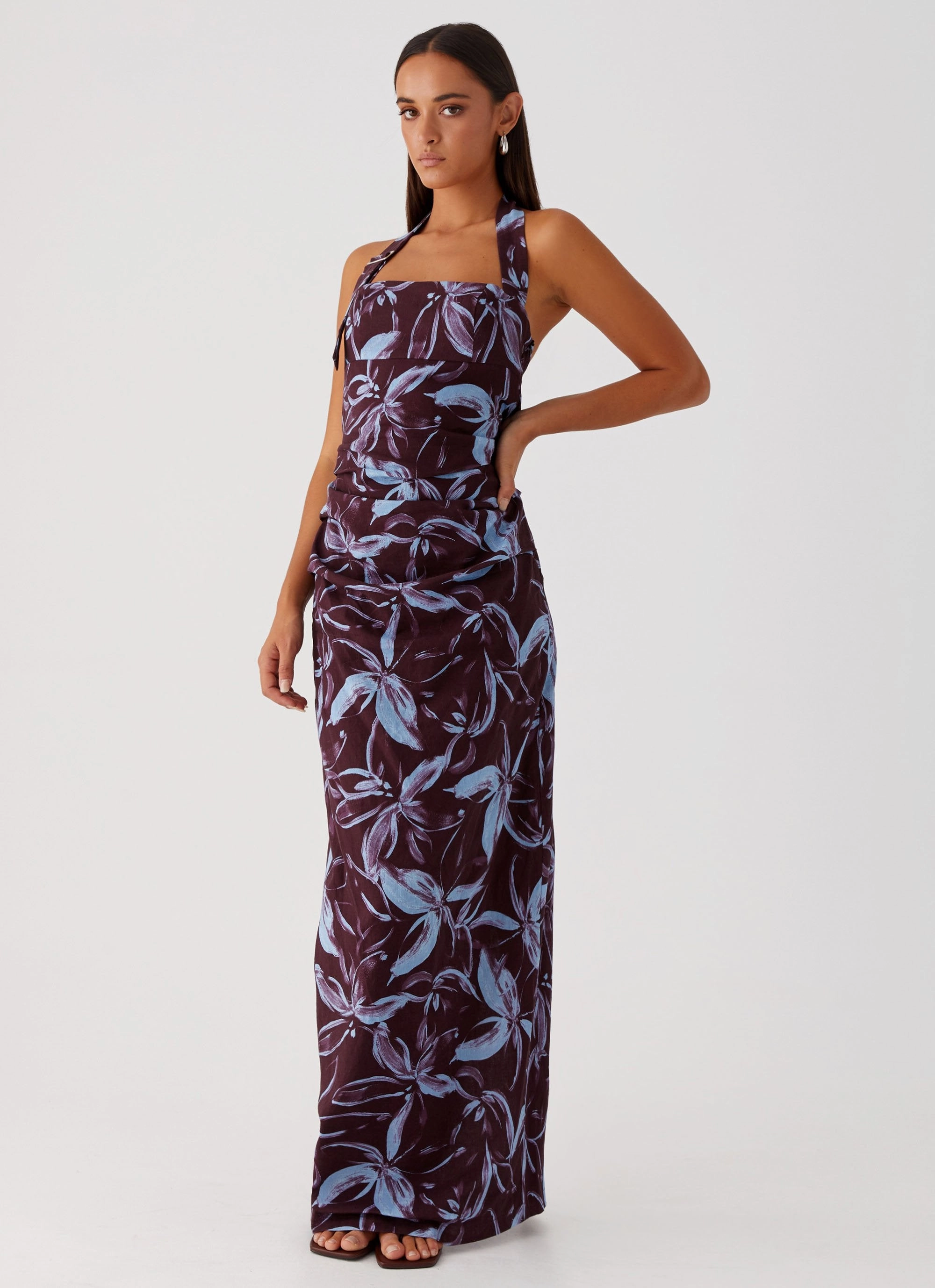 Evening Classic Match Quick Fauna Halter Maxi Dress - Brown Purple Floral