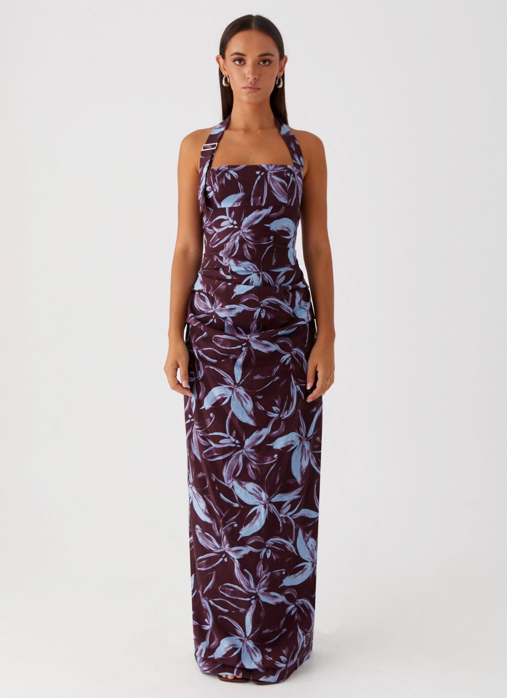 Fauna Halter Maxi Dress - Brown Purple Floral Timeless Fit Look