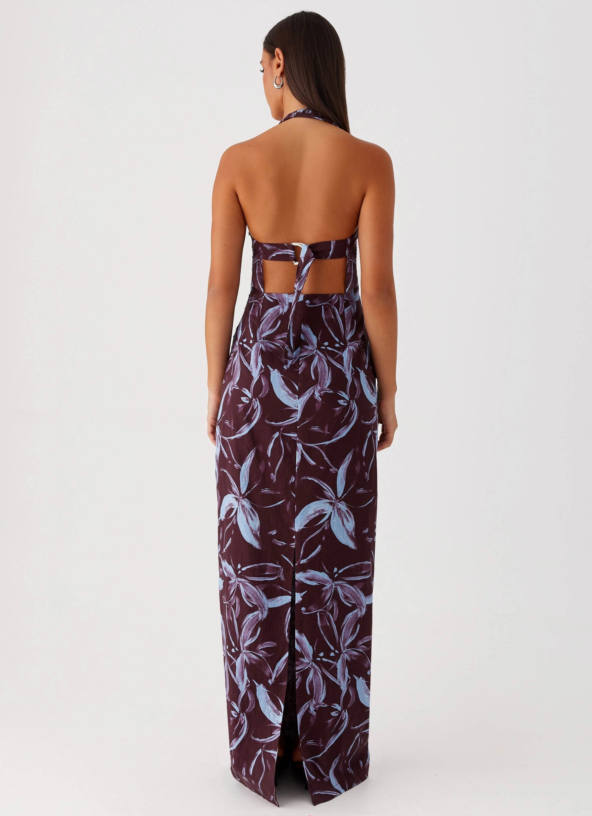 Mom Chic Fauna Halter Maxi Dress - Brown Purple Floral