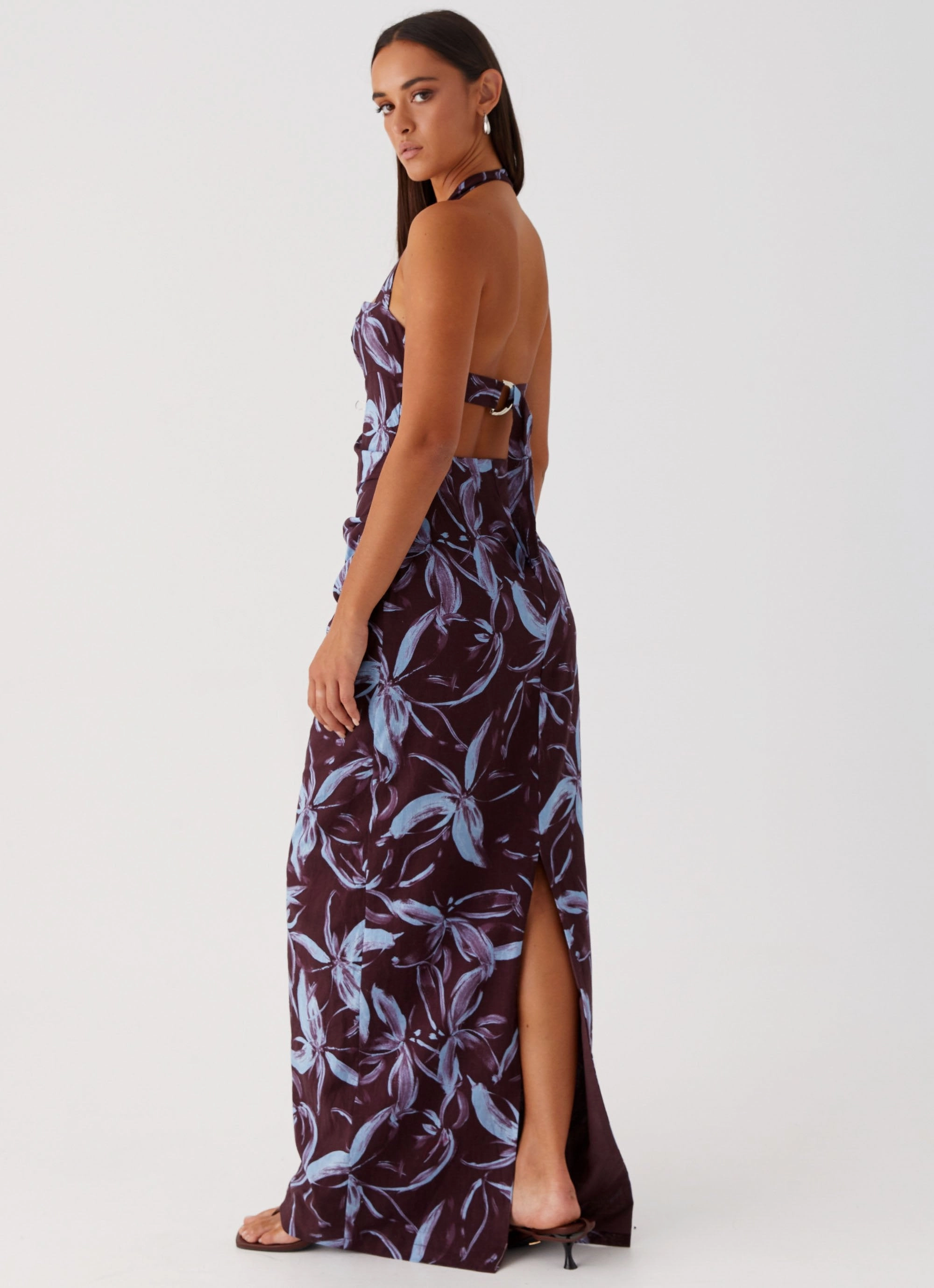 Easy Movement Fauna Halter Maxi Dress - Brown Purple Floral