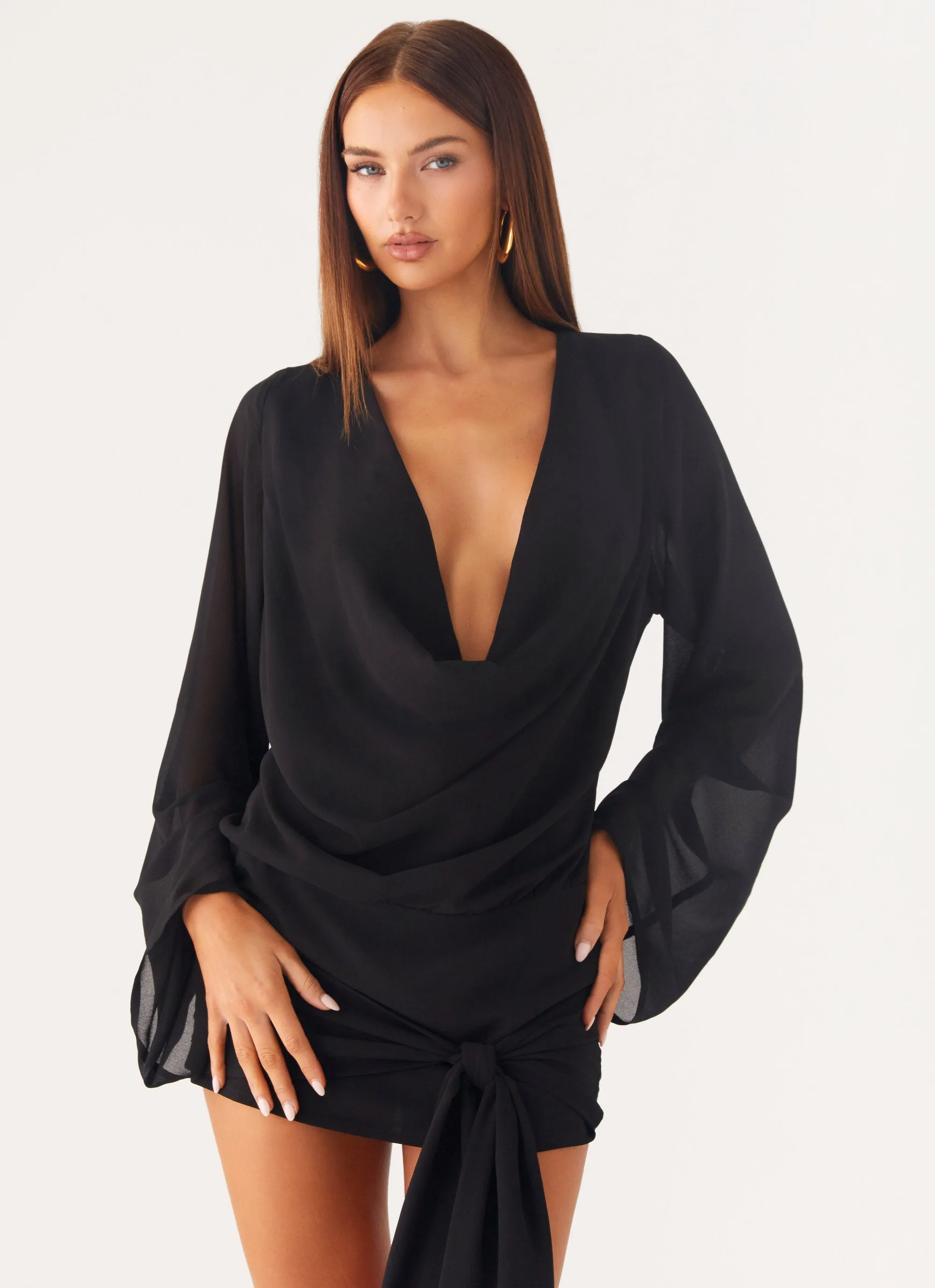 Contemporary Fit Matte-finish Sorrel Long Sleeve Mini Dress - Black