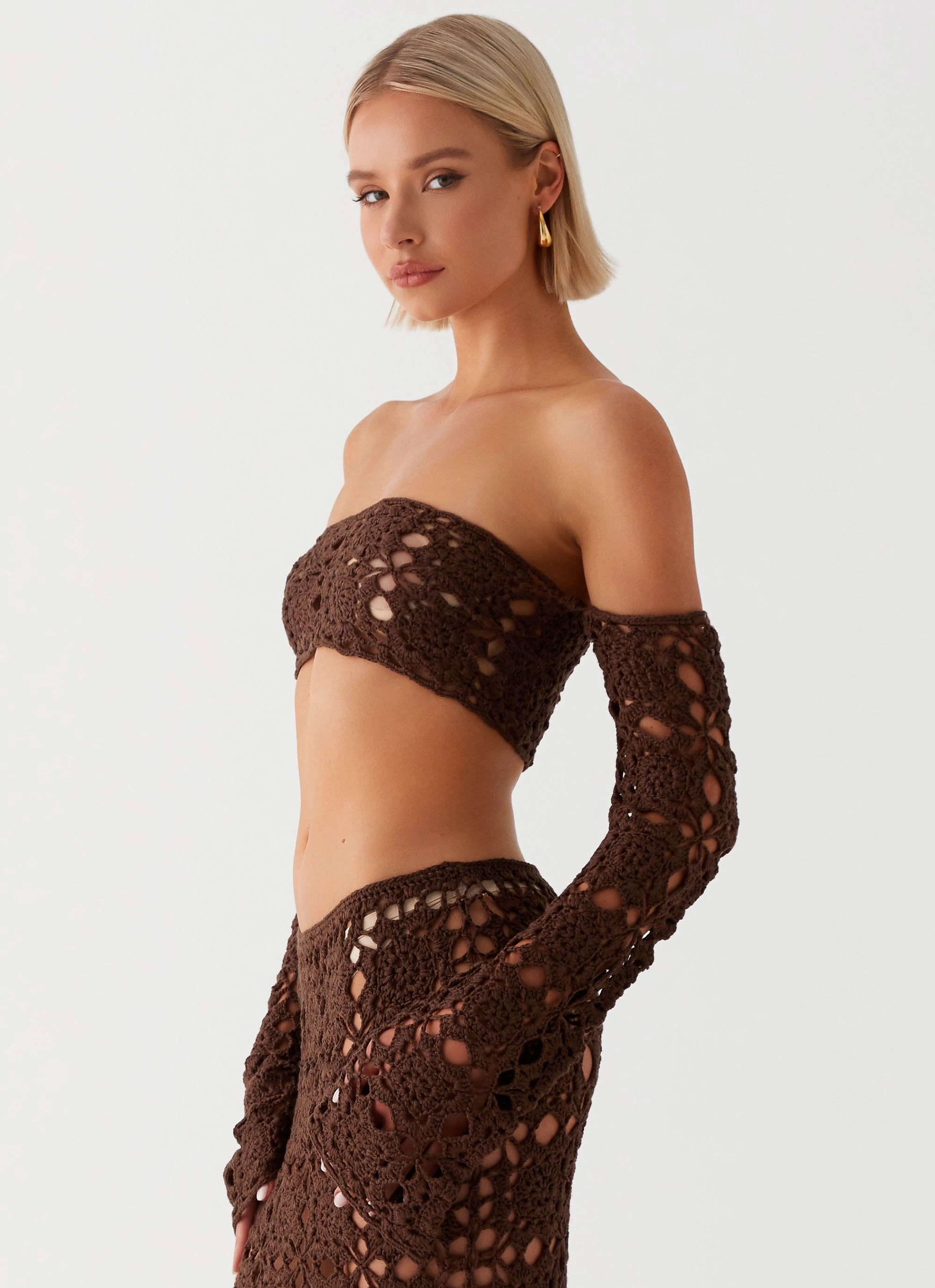 Oversized Collar Sorrentino Crochet Long Sleeve Top - Chocolate