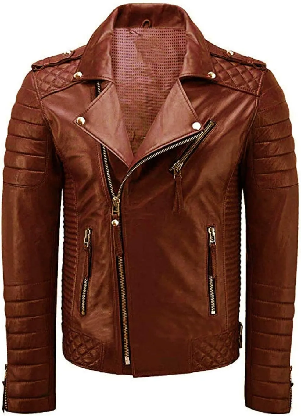 SpazeUp Mens Genuine Leather Quilted Brando Jacket - Asymmetrical Leather Motorcycle Cafe Racer Leather Jacket