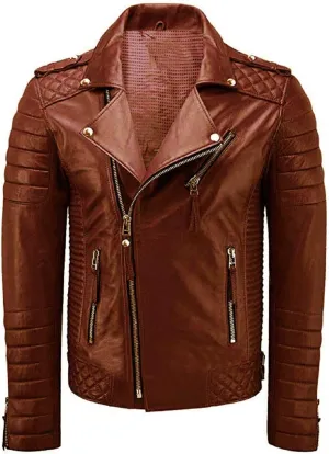 SpazeUp Mens Genuine Leather Quilted Brando Jacket - Asymmetrical Leather Motorcycle Cafe Racer Leather Jacket