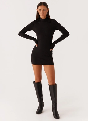 Raven Long Sleeve Mini Dress - Black Boxy-Style