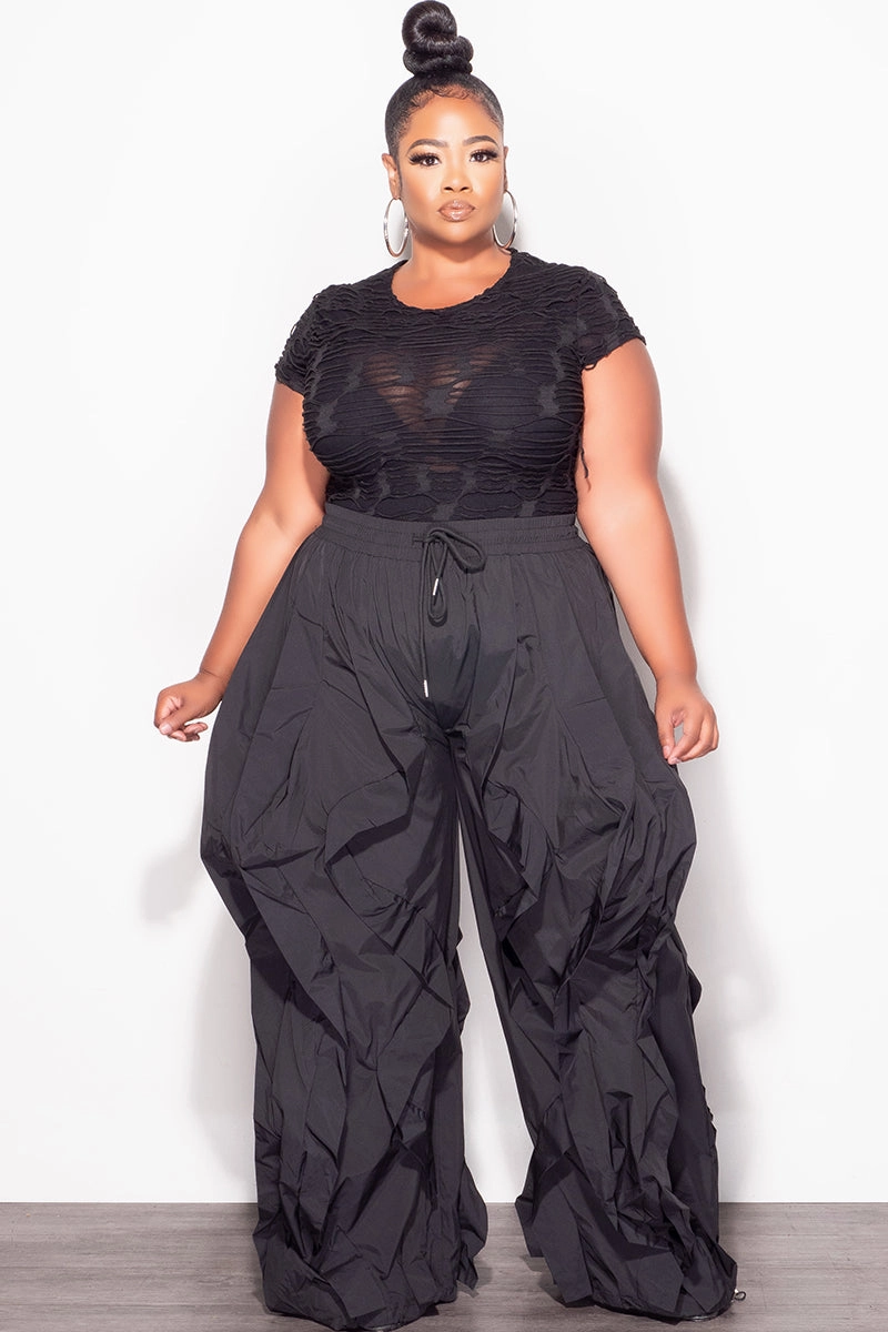 Final Sale Plus Size Short Sleeve Mesh See-Thru Textured Bodysuit in Black Non Tapered Leg UltraSoftLining
