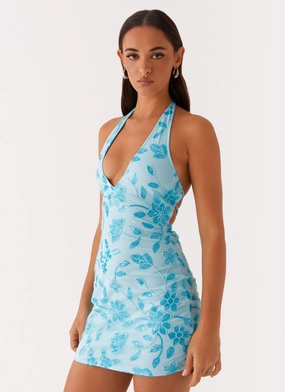 Merida Halterneck Beaded Mini Dress - Blue Calm Grace Fluid Cut
