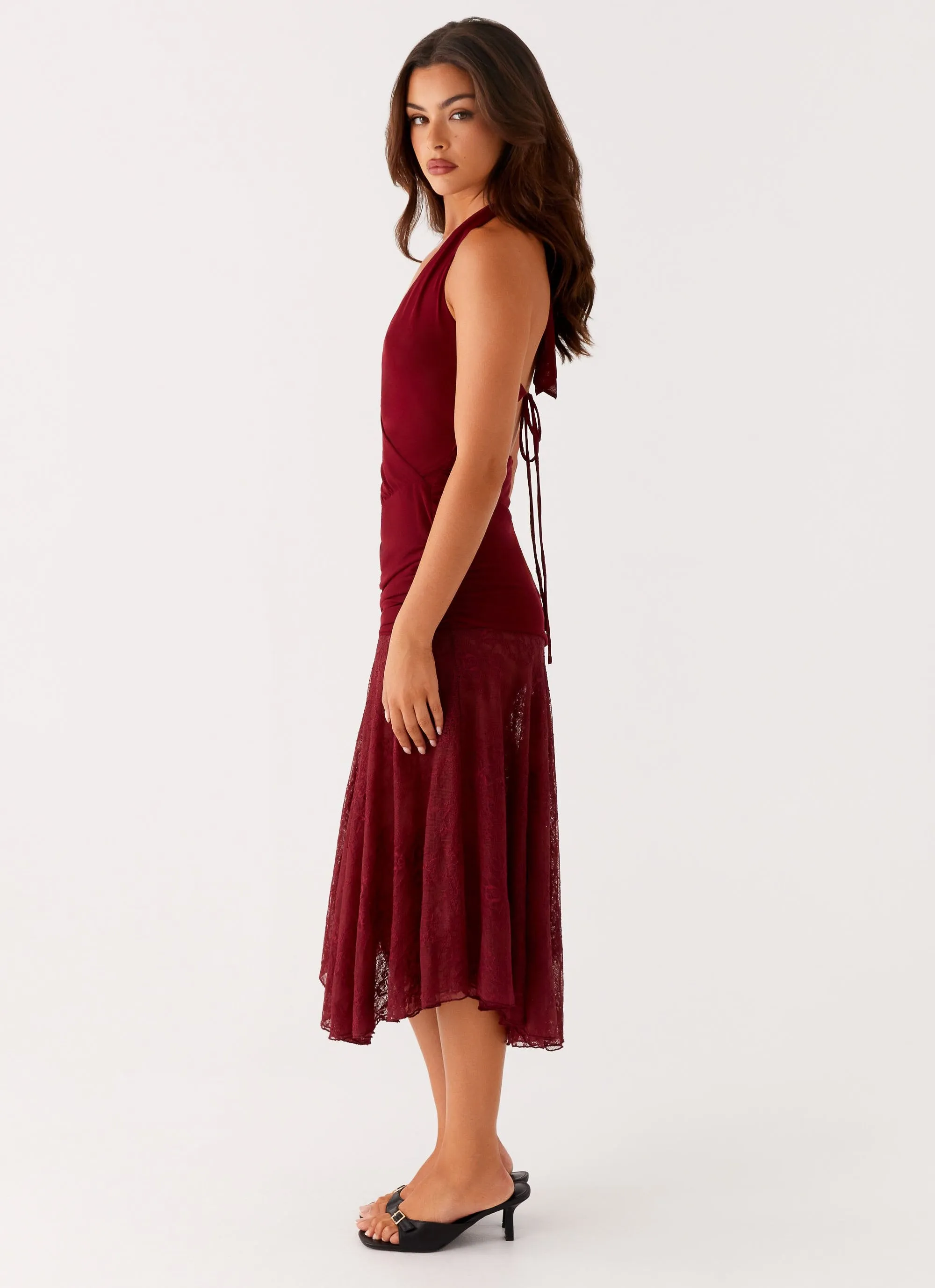 Burnout Midi Dress - Maroon Feminine full-length gown Zip-Closure