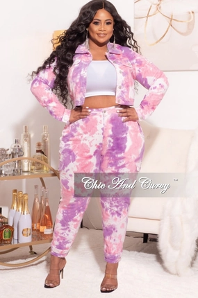 FlameRetardantTreatment Quick Dry Fit Final Sale Plus Size 2pc Set Distressed Denim Jacket & Pants in Purple/Pink Tie Dye