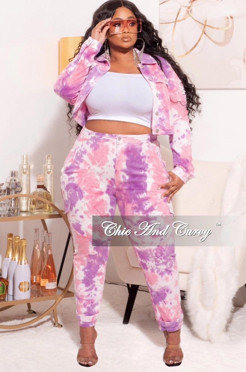 Daily Style Quick Change Final Sale Plus Size 2pc Set Distressed Denim Jacket & Pants in Purple/Pink Tie Dye