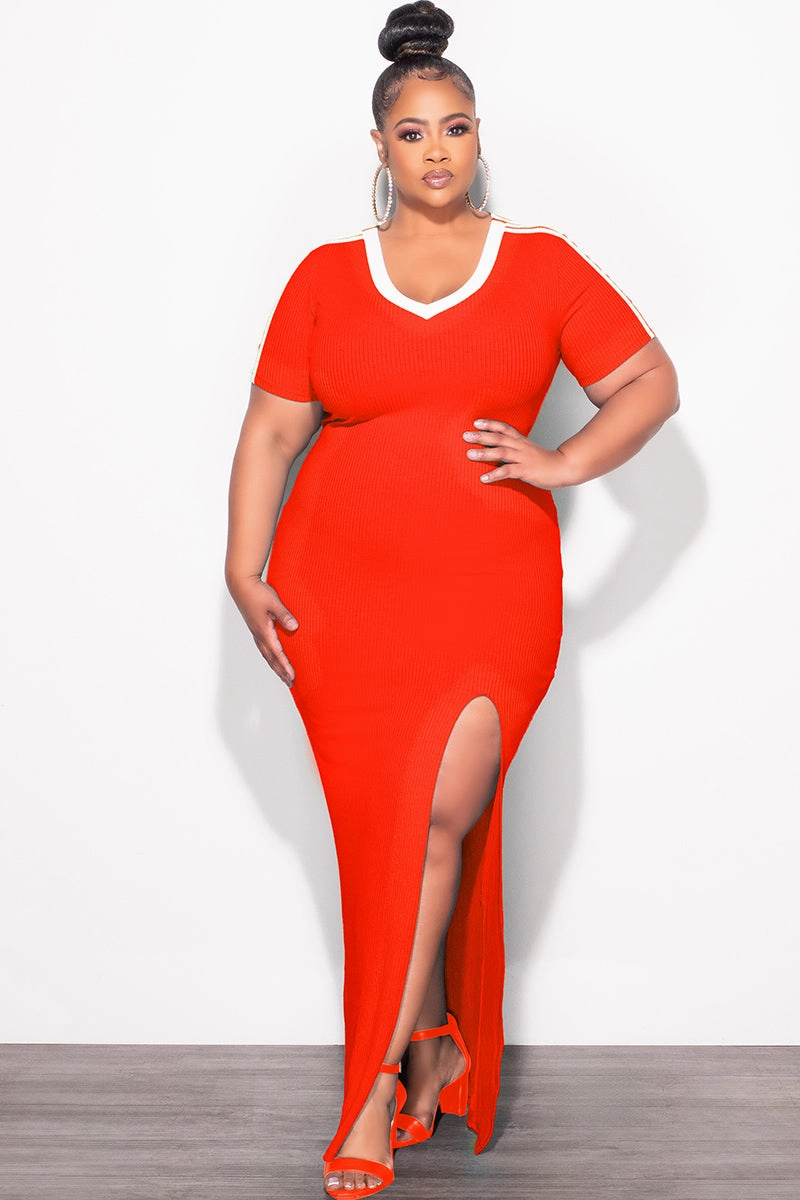 NonIrritatingStitching Final Sale Plus Size BodyCon Colorblock with Front Slit Tomato Red