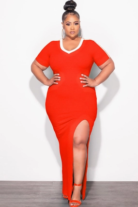 Final Sale Plus Size BodyCon Colorblock with Front Slit Tomato Red Layered Comfort Breathable Wearable