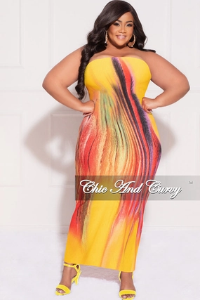 Final Sale Plus Size Strapless Tube BodyCon Dress in Yellow Mustard Multi-Color Mustard Print Stylish Fit SeamlessPockets