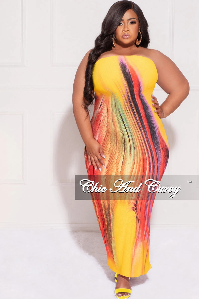 Final Sale Plus Size Strapless Tube BodyCon Dress in Yellow Mustard Multi-Color Mustard Print Flexible Material