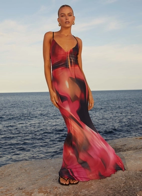 Charley Maxi Dress - Pink Print Front-Slit