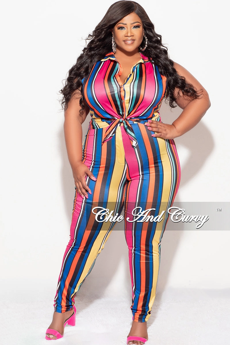 Final Sale Plus Size 2pc Sleeveless Crop Tie Top & High Waist Pant in Multi Color Stripe Print Stay Fresh