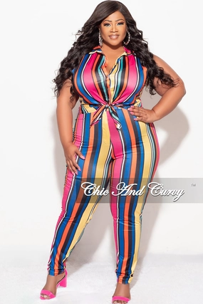 Final Sale Plus Size 2pc Sleeveless Crop Tie Top & High Waist Pant in Multi Color Stripe Print Stay Fresh