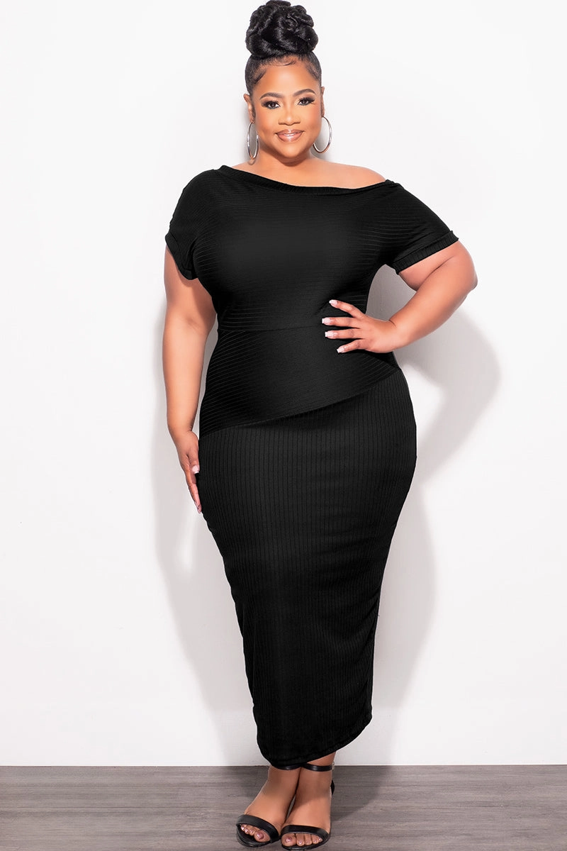 ReflectiveTrim Body Aligned Final Sale Plus Size Off The Shoulder Ribbed Midi Dress in Black