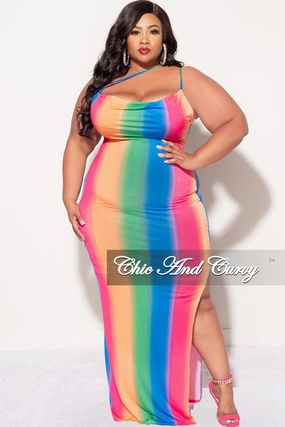 Final Sale Plus Size Maxi Dress with Spaghetti Straps in Rainbow Ombre Print Cozy Waist Non Iron Technology