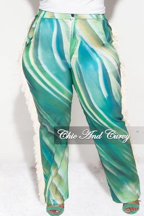 Final Sale Plus Size Fringe High Waist Pants In Green All Day Comfort Fit Twill Weave Texture