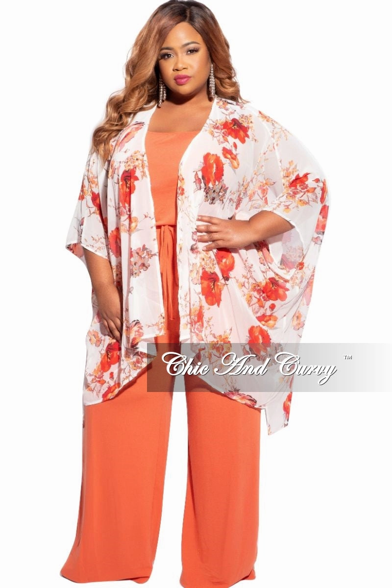 Final Sale Plus Size 3/4 Sleeve Chiffon Duster in Ivory/Red & Orange Floral Print Comfy Cut All Day Wear Comfort