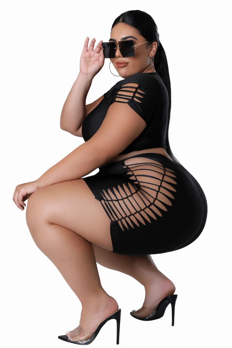 Casual Stretch Wear Final Sale Plus Size Short Set with Ripped Sides in Black