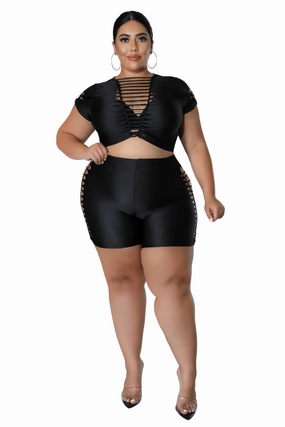 Final Sale Plus Size Short Set with Ripped Sides in Black Movement Fit