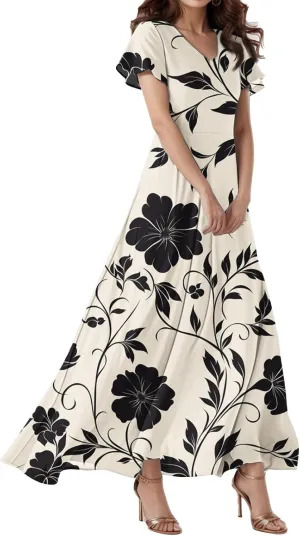 Spring Dresses for Women 2025,Wedding Guest Flowy Floral Maxi Dress Short Sleeve Vacation Women's Casual Dresses