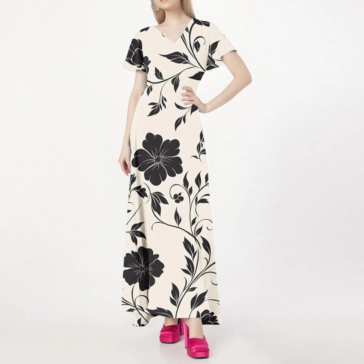 Spring Dresses for Women 2025,Wedding Guest Flowy Floral Maxi Dress Short Sleeve Vacation Women's Casual Dresses