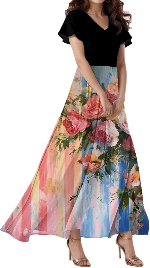 Spring Dresses for Women 2025,Wedding Guest Flowy Floral Maxi Dress Short Sleeve Vacation Women's Casual Dresses