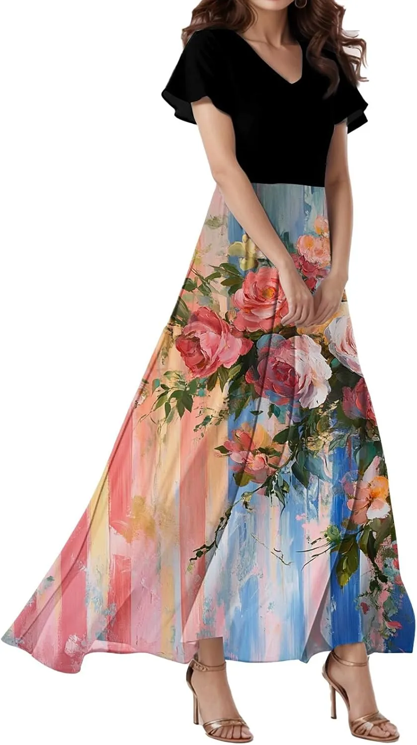 Spring Dresses for Women 2025,Wedding Guest Flowy Floral Maxi Dress Short Sleeve Vacation Women's Casual Dresses