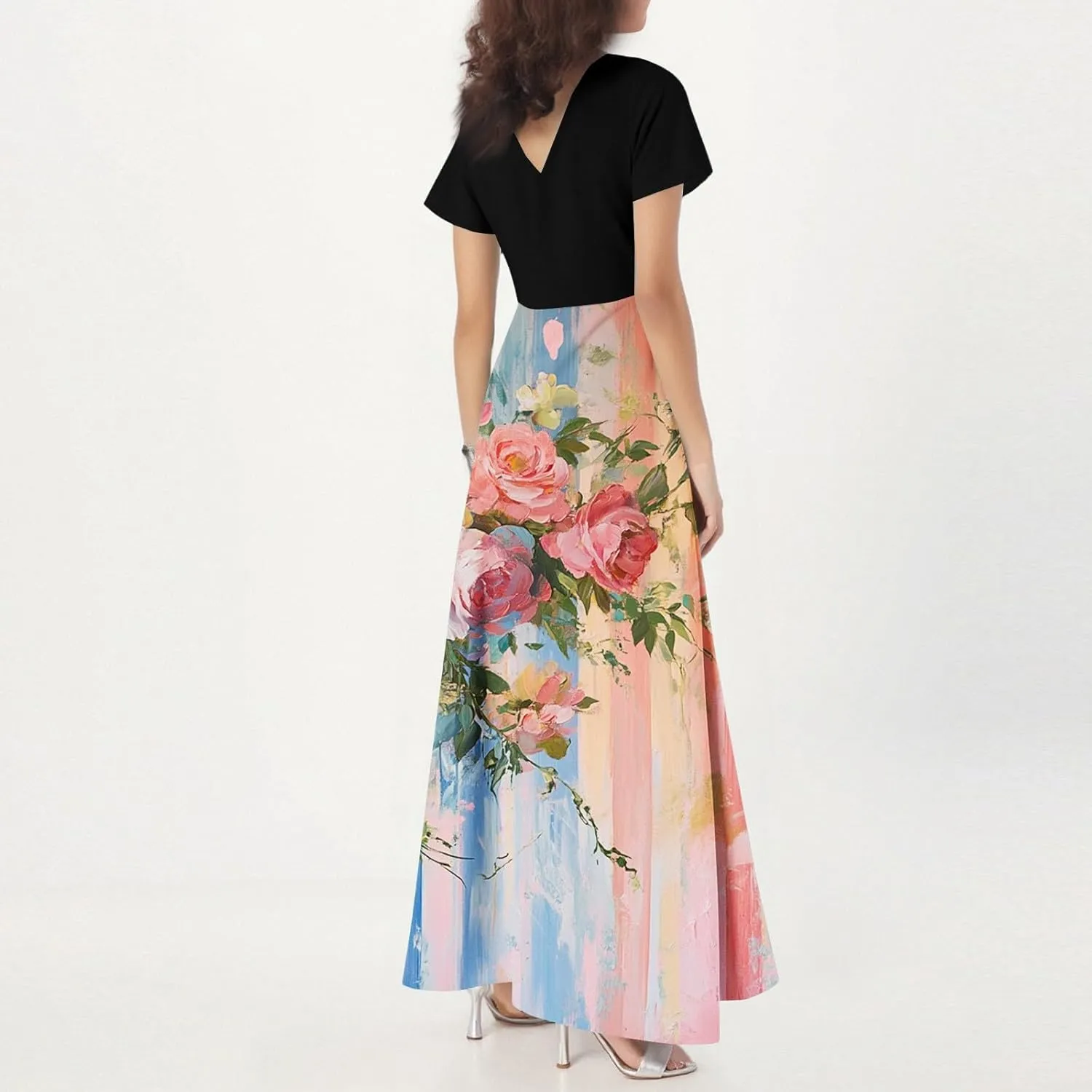 Spring Dresses for Women 2025,Wedding Guest Flowy Floral Maxi Dress Short Sleeve Vacation Women's Casual Dresses