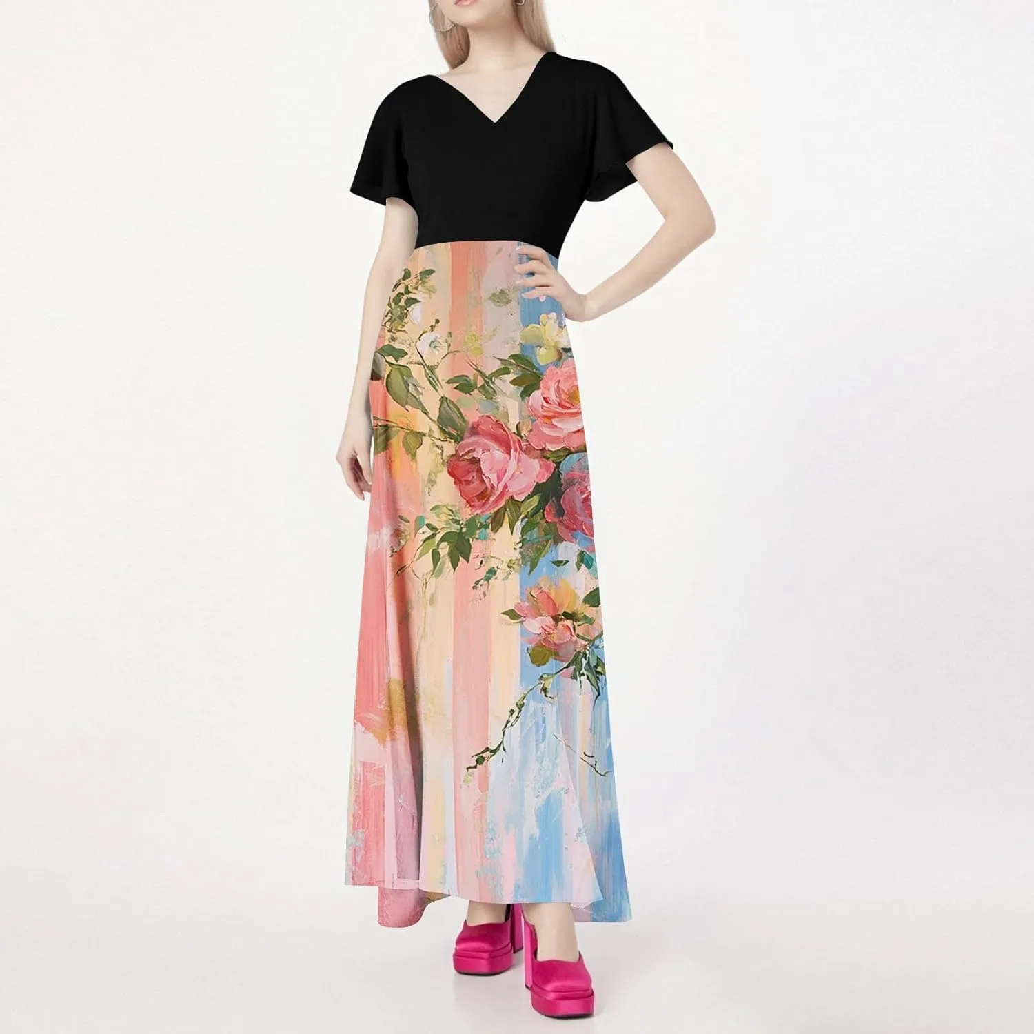 Spring Dresses for Women 2025,Wedding Guest Flowy Floral Maxi Dress Short Sleeve Vacation Women's Casual Dresses