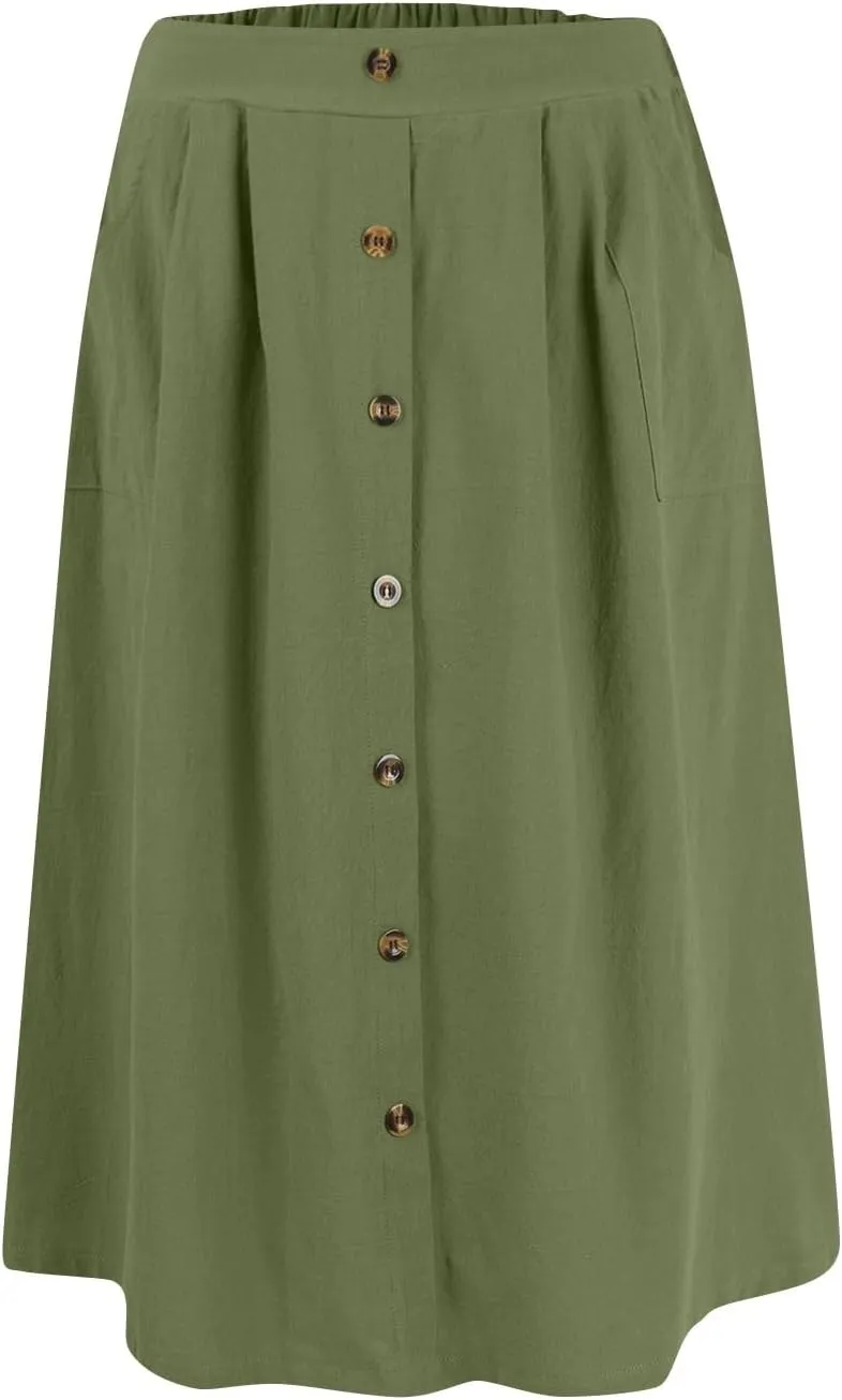 Spring Skirts for Women Summer High Elastic Waist Pleated Midi Skirt Linen Button Front A Line Skirts with Pockets