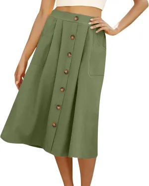 Spring Skirts for Women Summer High Elastic Waist Pleated Midi Skirt Linen Button Front A Line Skirts with Pockets