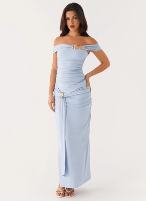 Majorly Maxi Dress - Blue Luxe Fabric Pleat-Front