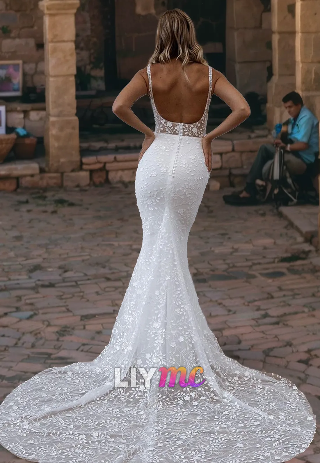 Square Sleeveless Appliques Backless Mermaid Beach Wedding Dress